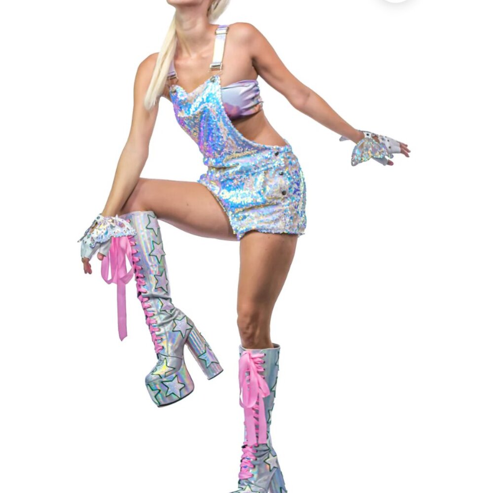 Jackalope Land Unicorn Moonbeam Short Sequin Overalls Short Size S - Picture 4 of 9